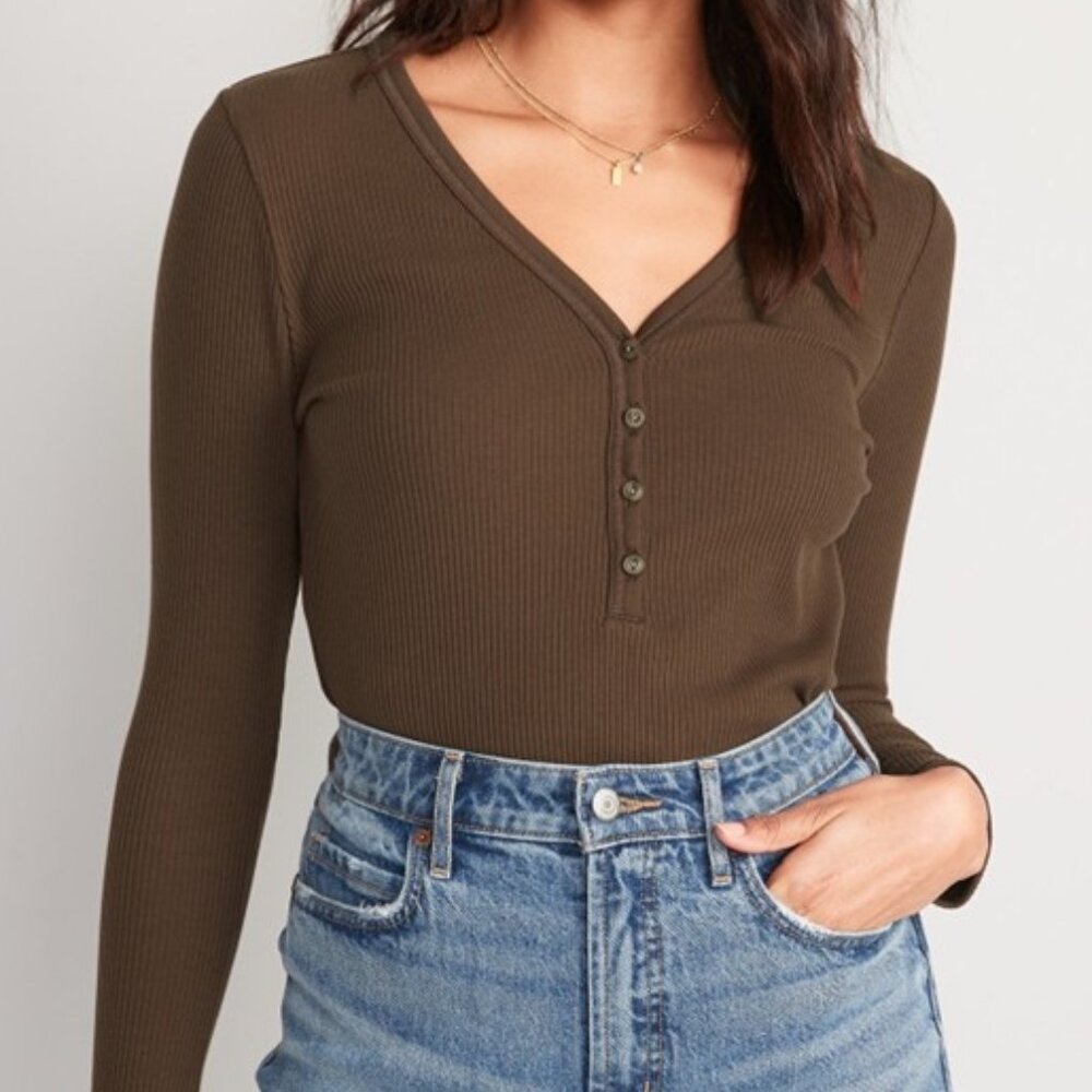 Old Navy Fitted Rib Knit Henley Top V-Neck Long Sleeve Espresso Brown Size XXL